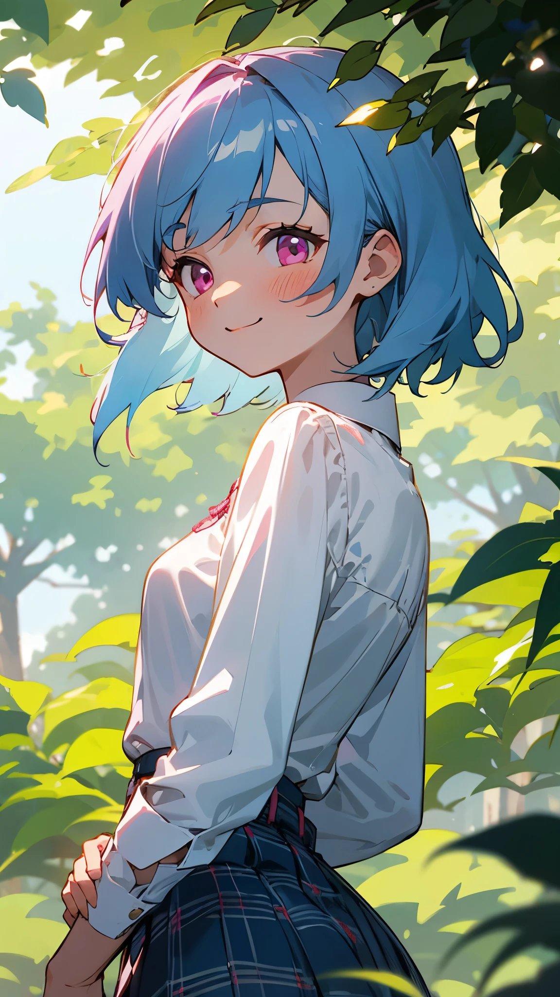 16 year old girl、light blue hair、pink eyes、smile、blush、small breasts、From the back、White blouse shirt、plaid skirt、Under the bright sunlight filtering through the leaves、acorn、sharp outline、tomboy、boyish、first-class、masterpiece