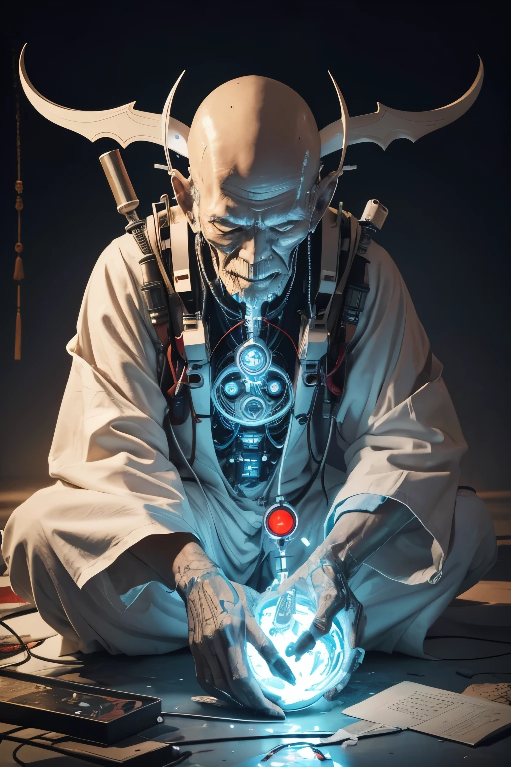 Close-up of a Japanese 100-year-old old man with a skinny body covered in white paint, zen meditation cyberpunk, Beeple and James Jean, Jessica Rossier and Brian Froud, demonic body, meditating cyborg , 8K highly detailed ❤️🔥 🔥 💀 🤖 🚀, Cyborg/Buddhist deity body, 8K highly detailed, full body depiction ❤🔥 🔥 💀 🤖 🚀