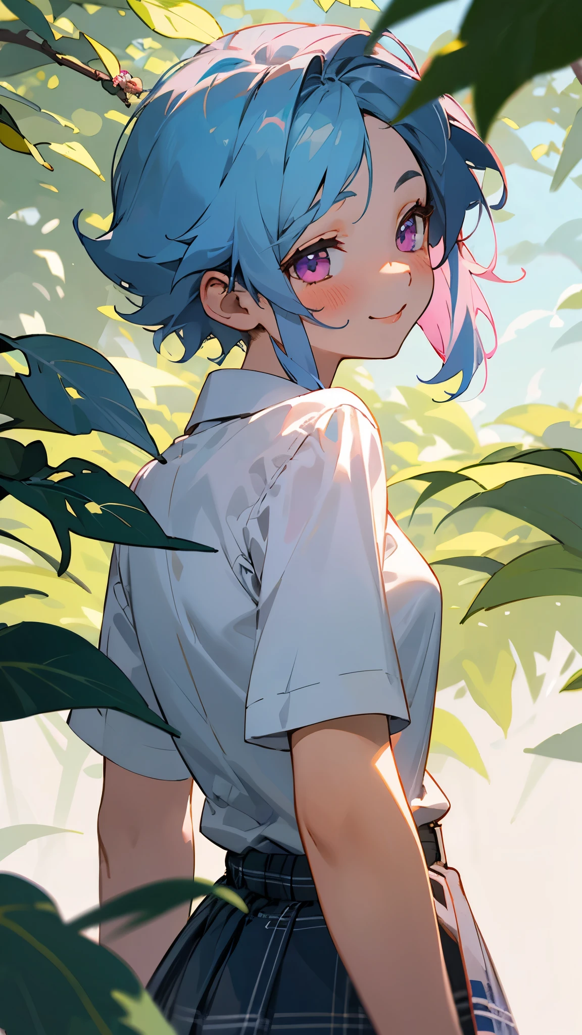 16 year old girl、light blue hair、pink eyes、smile、blush、small breasts、From the back、White blouse shirt、plaid skirt、Under the bright sunlight filtering through the leaves、acorn、sharp outline、tomboy、boyish、first-class、masterpiece