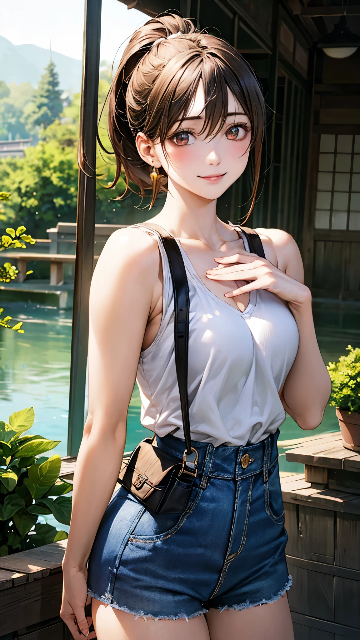 (masterpiece:1.2, top-quality), (realistic, photorealistic:1.4), beautiful illustration, (natural side lighting, movie lighting),
looking at viewer, cowboy shot, front view, 1 girl, japanese, 20 years old, perfect face, cute and symmetrical face, shiny skin, babyface,
(middle hair:1.2, ponytail:1.2, brown hair), hair between eyes, gold eyes, (middle breasts, seductive thighs, big ass),
beautiful hair, beautiful face, beautiful detailed eyes, beautiful clavicle, beautiful body, beautiful chest, beautiful thigh, beautiful legs, beautiful fingers,
(red one-piece, denim short pants), white shoulder bag,
(beautiful scenery), evening, inside entranceway, (cheerful),
