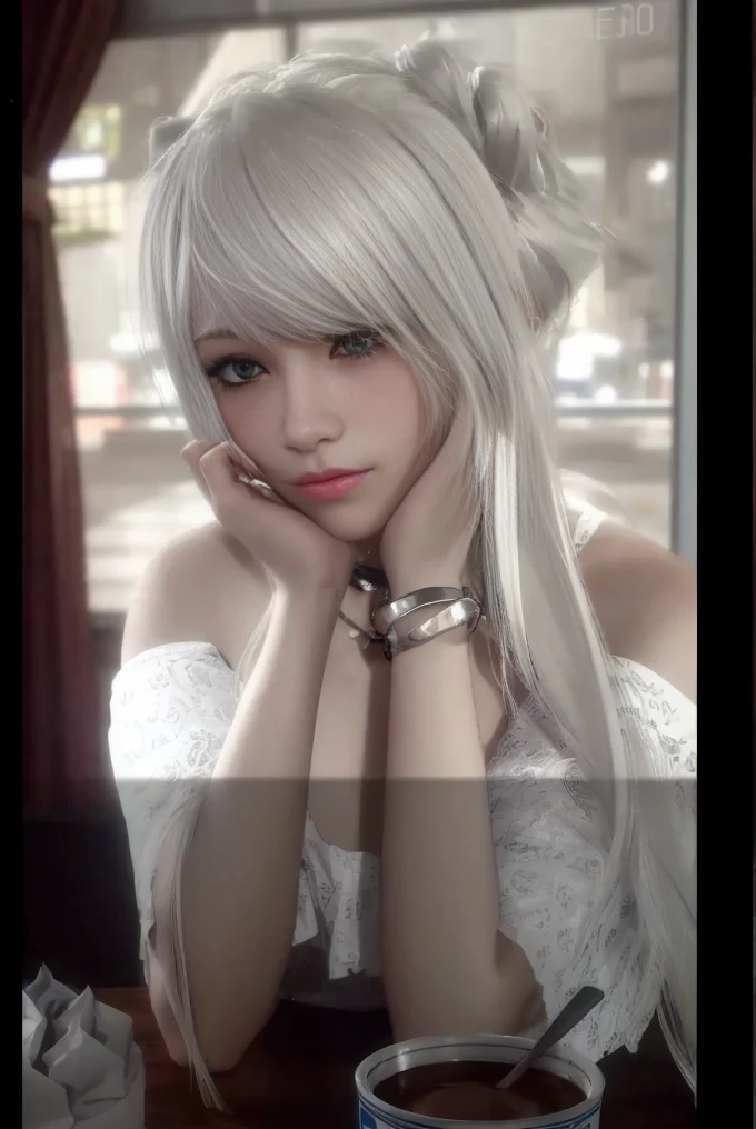 a close up of a person holding a cup of coffee, 3D animation realistic, Tifa Lockhart white hair, perfect white haired girl, Realistic animation girl render, white hair girl, surreal anime, Realistic animation, Smooth anime CG art, anime computer graphics images, perfect android girl, Silver-haired girl, Silver-haired girl, anime computer graphics images style