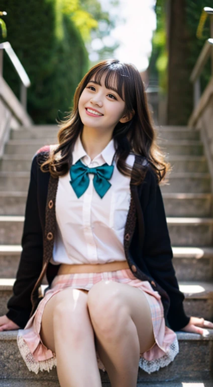 ((table top, highest quality, High resolution, nffsw, perfect pixel, 4K, nffsw, nffsw))), 1 girl, single, alone, beautiful woman、I could see the whole body、 ((middle wavy hair, bangs, brown hair)), ((brown eyes, beautiful eyelashes, realistic eyes)), ((detailed face, blush:1.2)), ((smooth texture:0.75, realistic texture:0.65, realistic:1.1, Anime CG style)), medium breasts, dynamic angle, perfect body, ((red bow tie, school uniform, black jacket, open jacket, Brown cardigan, white shirt, black skirt, plaid skirt)), City staircase、Angle looking up from the bottom of the stairs、Very embarrassing panic smile, sit on the stairs、(The wind flipped my skirt and exposed my butt......................................、、open your legs、Open both knees、Light pink floral lace panties)、