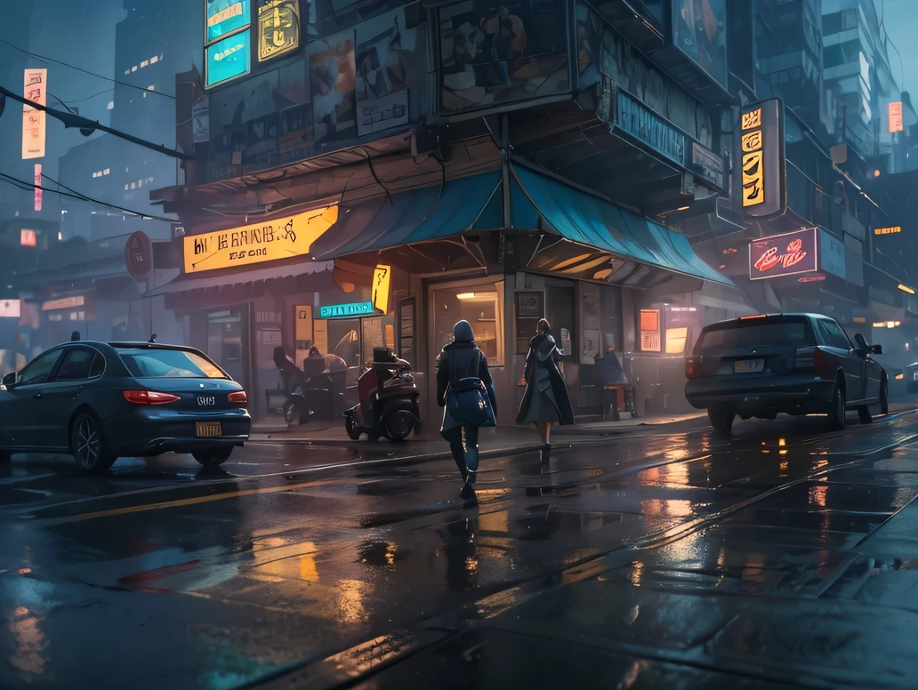 cyberpunk city, cinematic composition, Fantasy digital painting by Greg Rutkowski and James Gurney, Trending with ArtStation, very detailed, hyperrealistic, realistic, photorealistic, dynamic lighting, very detailed, cinematic landscape, Studio Landscape, studio lighting, rain, cigarette,