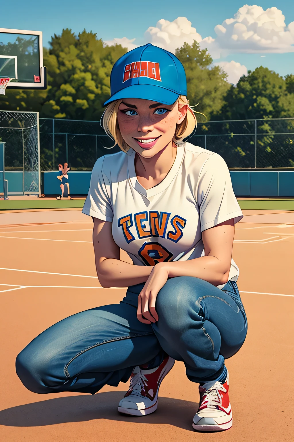 1girl, solo, portrait of a young woman, hands on knees, tomboy, reversed baseball cap, straight blond hair, short hair, blue eyes, ((freckles)), sharp features, long eyelashes, bandaid on cheek, butch, broad shoulders, muscled, athletics top, team logo, baggy jeans, sneakers, bent towards the camera, smiling, calculating expression, sunny day, sweaty, full body shot, on an outdoor basketball court, stylised, comic book