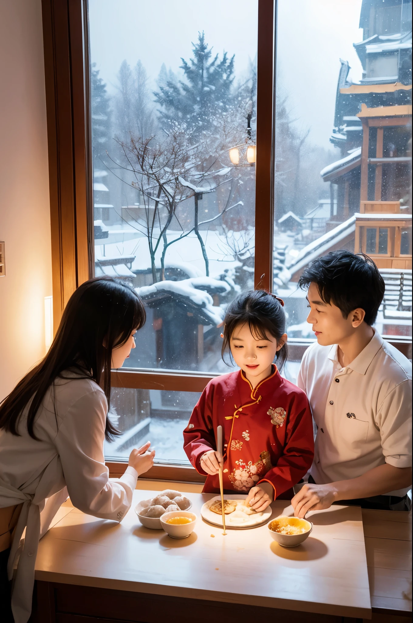 Asian family of three,Making dumplings,Spring Festival,The background is a window with the word "福",Outside the window is the snowy scene at night。