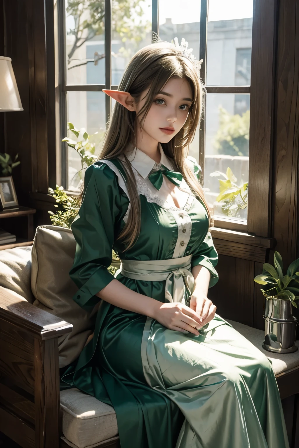 very beautiful half elf maid in green and silver clothes