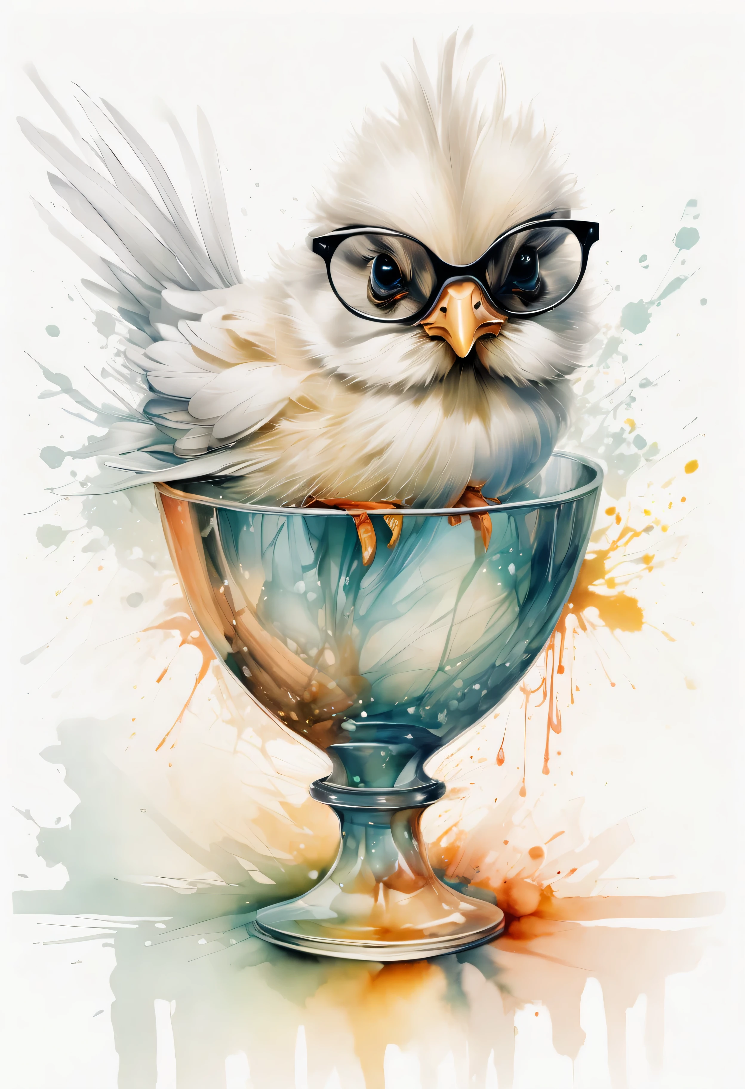 Perfekte Ausrichtung, Sweet little animal, Vase aus Kristall, Lilie, Eine Sonnenbrille tragen, happiness, Stehende Position, Abstract beauty, zentriert, schaut in die Kamera, der Kamera zugewandt, Der Perfektion nahe, Dynamisch, Sehr detailliert, glatt, scharfer Fokus, 8 TAUSEND, high resolution, Illustration, Kunst von Carne Griffiths und Wadim Kashin, White background, Huhn