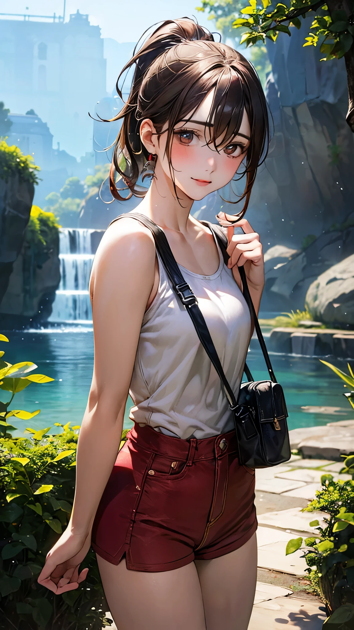 (masterpiece:1.2, top-quality), (realistic, photorealistic:1.4), beautiful illustration, (natural side lighting, movie lighting),
looking at viewer, cowboy shot, front view, 1 girl, japanese, , perfect face, cute and symmetrical face, shiny skin, babyface,
(middle hair:1.2, ponytail:1.2, brown hair), hair between eyes, gold eyes, (middle breasts, seductive thighs, big ass),
beautiful hair, beautiful face, beautiful detailed eyes, beautiful clavicle, beautiful body, beautiful chest, beautiful thigh, beautiful legs, beautiful fingers,
(red one-piece, denim short pants), white shoulder bag,
(beautiful scenery), evening, inside aquaria, walking, (cheerful, upper eyes),