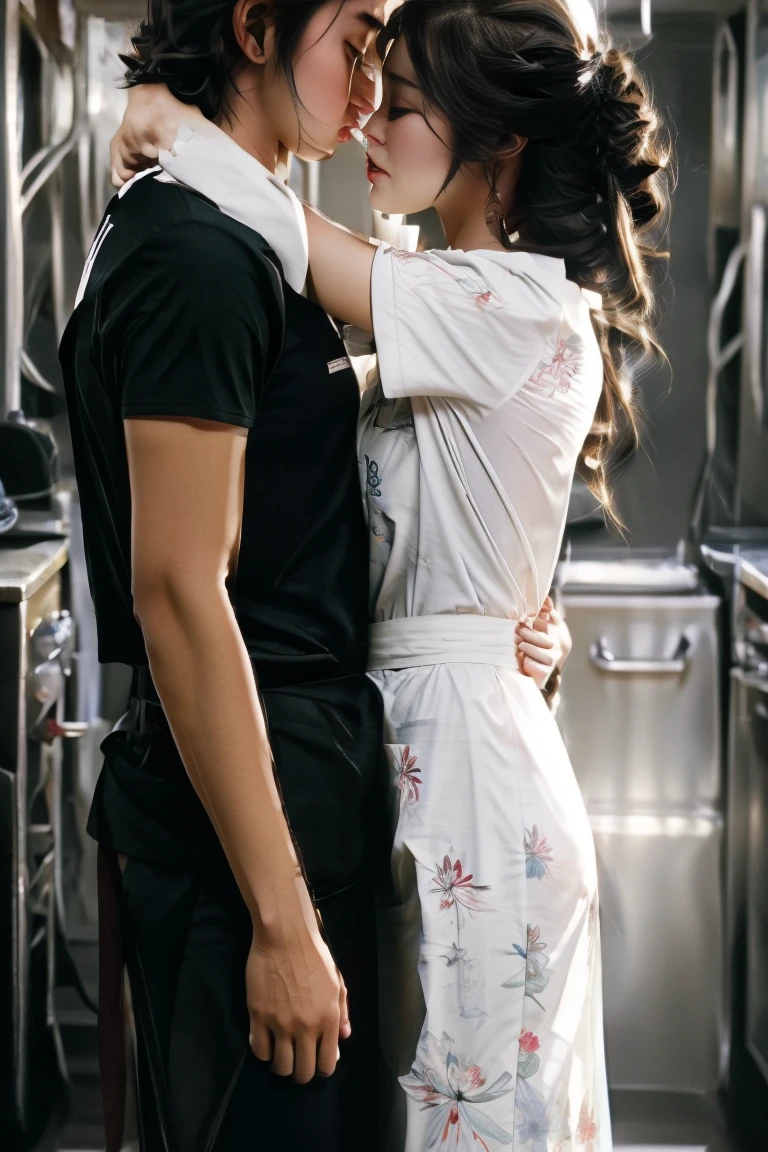 best quality、masterpiece、fidelity:1.3、Super high resolution、(Photoreal:1.4)、Couple hugging each other in the kitchen(Year difference couple、The woman is tall:1.5、Man is a boy)、No. 1 most beautiful mature woman in Japan(Obscene big:1.4、Wearing an apron、bob hair)、1 boy with a cute face(short sleeve)Ultra - High resolution、make out,A woman jumps with one leg,