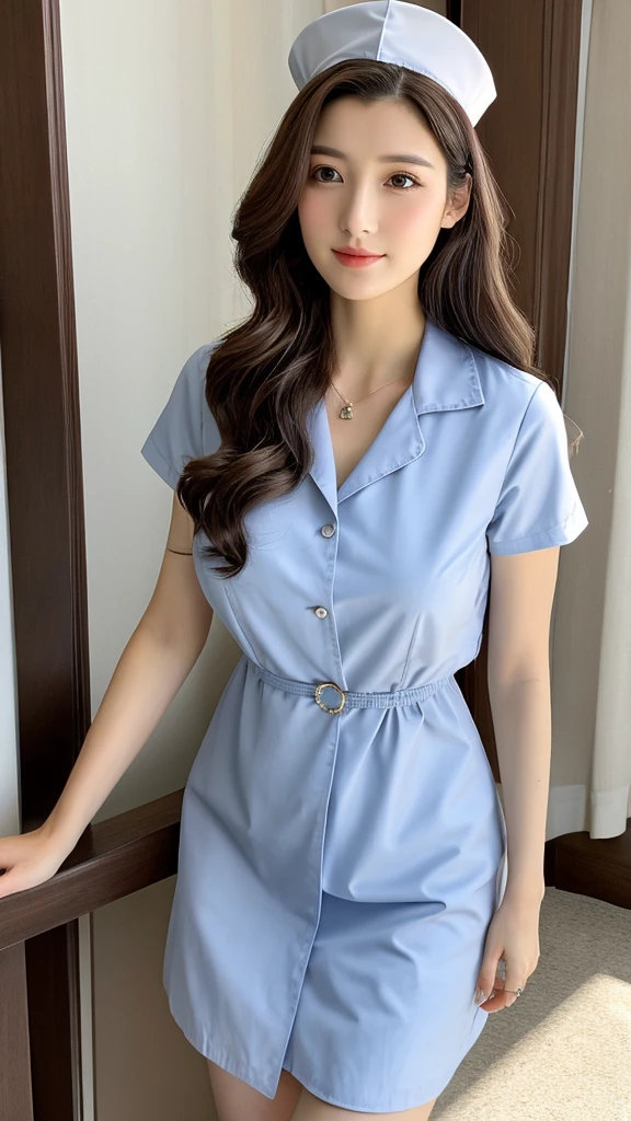 ((Top Quality, 8k, Masterpiece: 1.3)), Focus: 1.2, Perfect Body Beauty: 1.4, Buttocks: 1.2, ((Delicate Hair)), (Stylish Nurse Uniform: 1.1), (Room, Living Room: 1.3), Highly Detailed Face and Skin Texture, Fine Eyes, Double Eyelids, Whitening Skin, Big Tits, Smile, Wearing a Necklace, Brown Hair Big Tits Butt sticking out