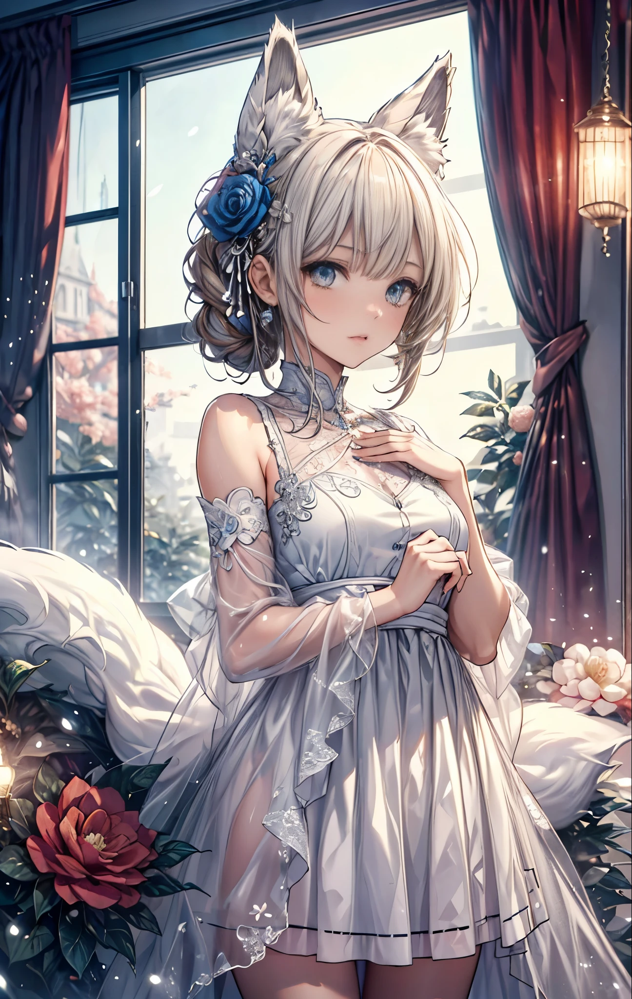 {{masterpiece}}，best quality，Highly detailed CG Unity 8K wallpaper，One woman，movie lighting，lens flare glow,
perfect style, perfect body, clear beautiful eyes, long eyelashes, a lot of,Camellia, fox ears, Camellia hair ornament, (red camellia dress), red camellia dress, snow scene,