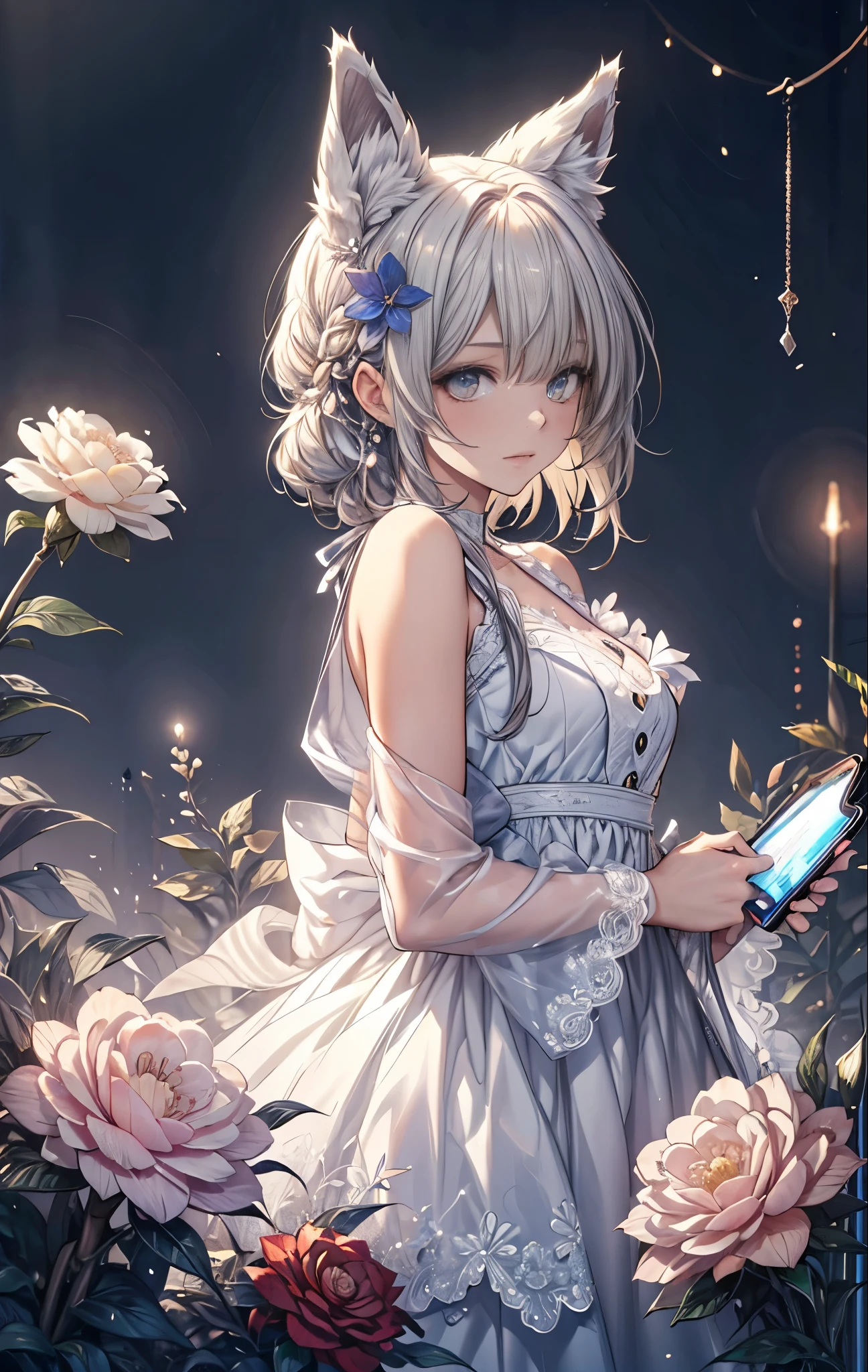 {{masterpiece}}，best quality，Highly detailed CG Unity 8K wallpaper，One woman，movie lighting，lens flare glow,
perfect style, perfect body, clear beautiful eyes, long eyelashes, a lot of,Camellia, fox ears, Camellia hair ornament, (red camellia dress), red camellia dress, snow scene,