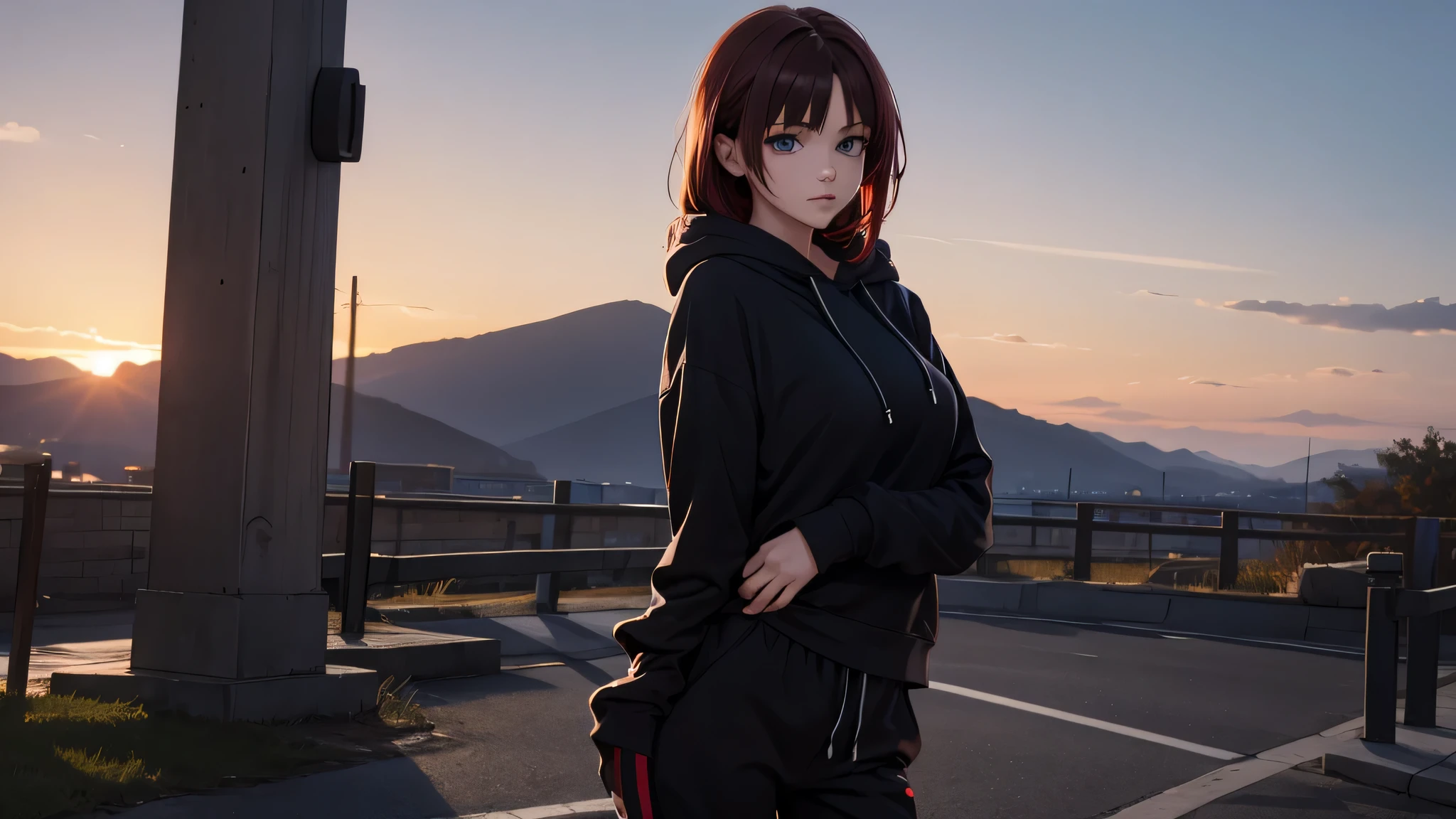 Garota, cabelo ruivo escuro, olhos azuis, medium legs, seios grandes, Average Waist, medium ass, Looking at the camera, com fones de ouvido, vestindo um moletom preto, black sweatpant, at sunset