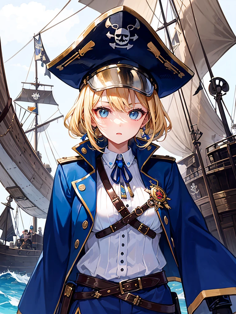 (((masterpiece、Highest image quality、highest quality、highly detailed unity 8kwallpaper)))、((Illustration of one girl、upper body))、(((beautiful girl)))、(fantasy、female pirate)、(blonde、short ponytail:1.2、light blue eyes)、(((Right hand is a prosthetic hand、steampunk prosthetic arm)))、((tall))、bulky figure, massive frame, thick neck, sturdy arms, powerful legs、(captain's suit、Pirate hat、Blue coat)、pier、pirate ship anchored、Wooden sailing ship