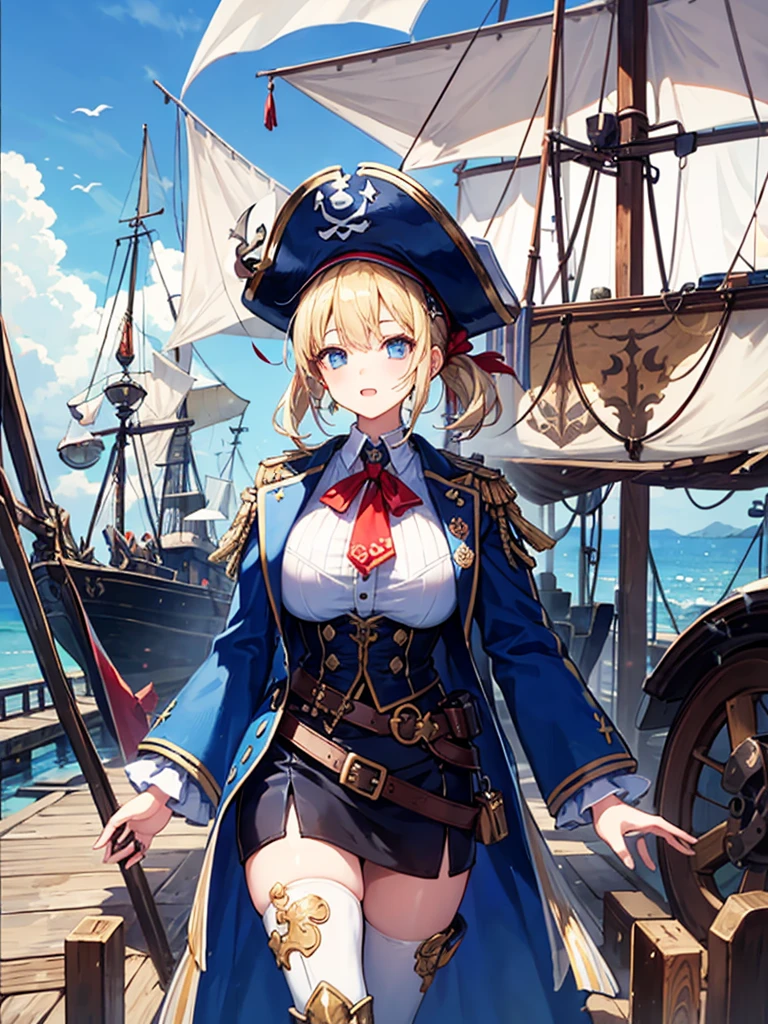 （（（masterpiece、Highest image quality、highest quality、highly detailed unity 8ｋwallpaper）））、（（Illustration of one girl、upper body））、（（（beautiful girl）））、（fantasy、female pirate）、（blonde、short ponytail：1.2、light blue eyes）、（（（Right hand is a prosthetic hand、steampunk prosthetic arm）））、（（tall））、bulky figure, massive frame, thick neck, sturdy arms, powerful legs、（captain&#39;s suit、Pirate hat、Blue coat）、pier、pirate ship anchored、Wooden sailing ship