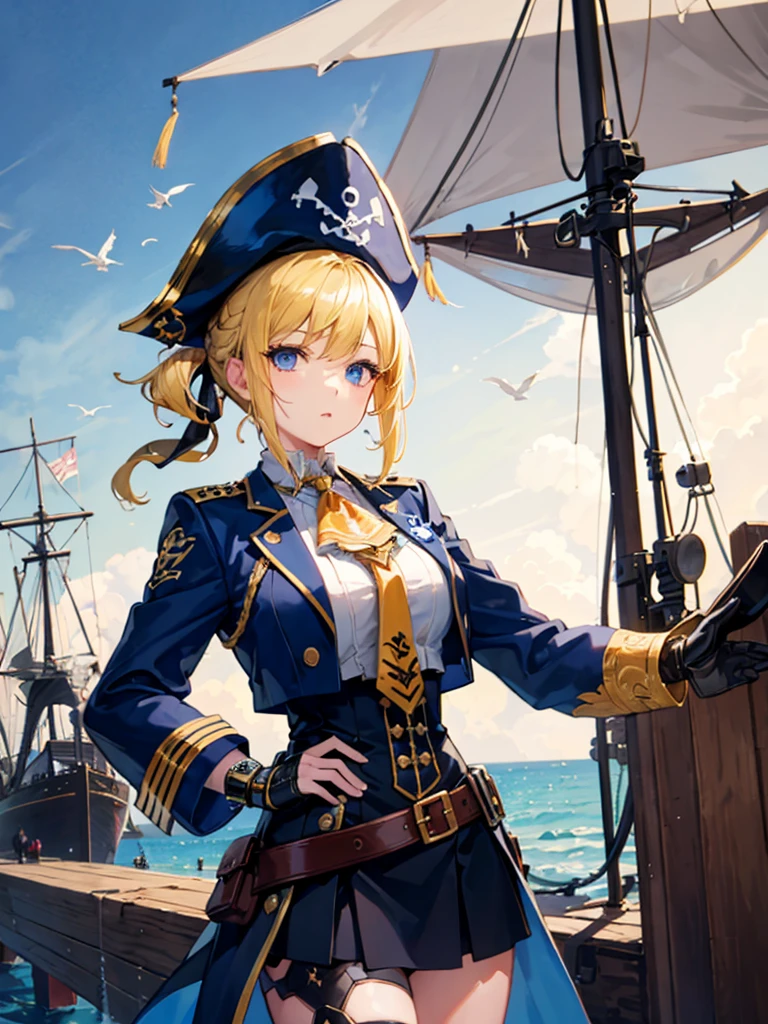 （（（masterpiece、Highest image quality、highest quality、highly detailed unity 8ｋwallpaper）））、（（Illustration of one girl、upper body））、（（（beautiful girl）））、（fantasy、female pirate）、（blonde、short ponytail：1.2、light blue eyes）、（（（Right hand is a prosthetic hand、steampunk prosthetic arm）））、（（tall））、bulky figure, massive frame, thick neck, sturdy arms, powerful legs、（captain&#39;s suit、Pirate hat、Blue coat）、pier、pirate ship anchored、Wooden sailing ship