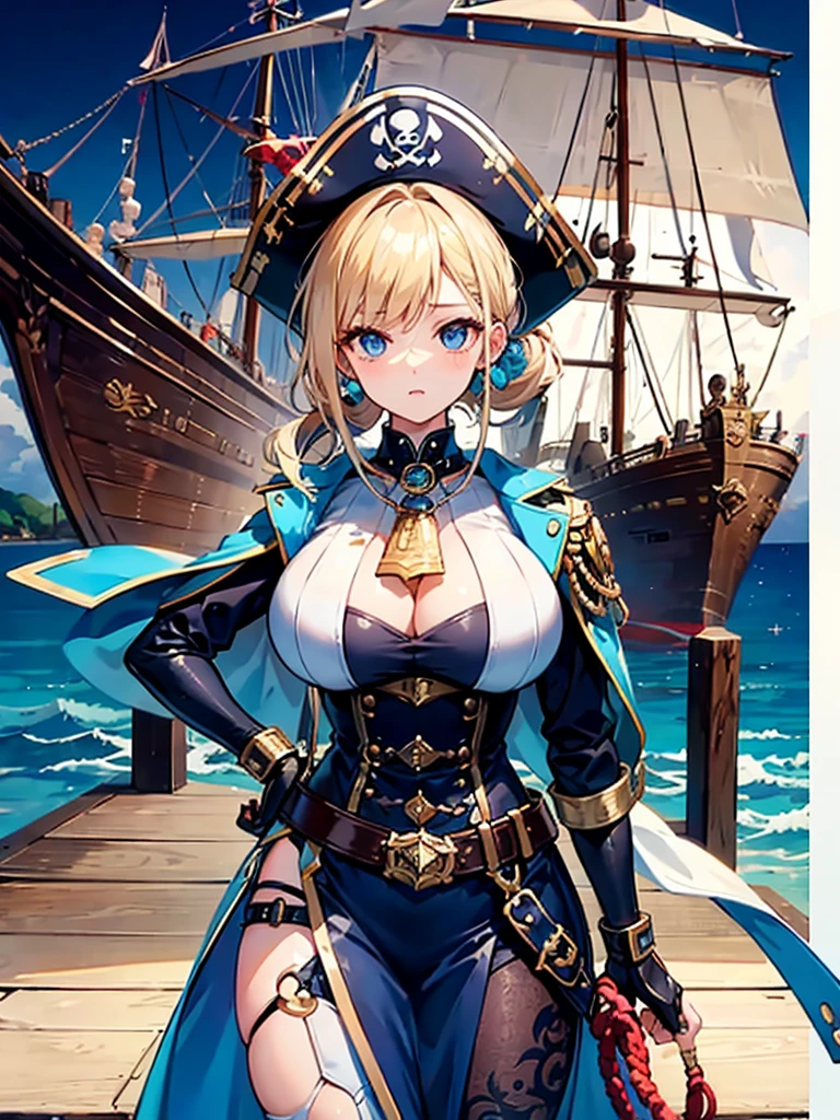 (((masterpiece、Highest image quality、highest quality、highly detailed unity 8kwallpaper)))、((Illustration of one girl、upper body))、(((beautiful girl)))、(fantasy、female pirate)、(blonde、short ponytail:1.2、light blue eyes)、(((Right hand is a prosthetic hand、steampunk prosthetic arm)))、((tall))、bulky figure, massive frame, thick neck, sturdy arms, powerful legs、(captain's suit、Pirate hat、Blue coat)、pier、pirate ship anchored、Wooden sailing ship