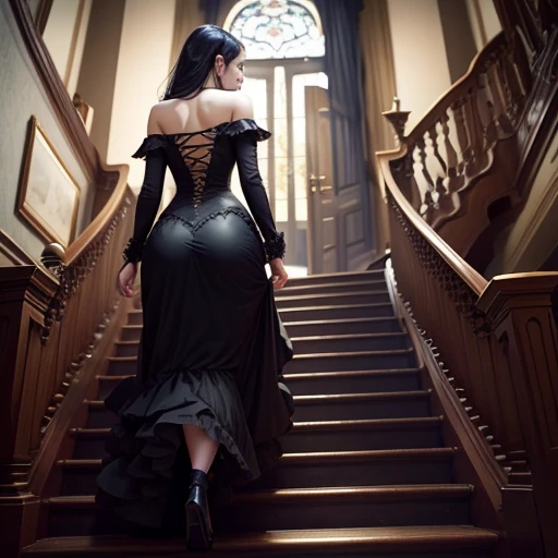 Gothic woman with curves climbing the stairs of a mansion accompanied by a raven on her left shoulder