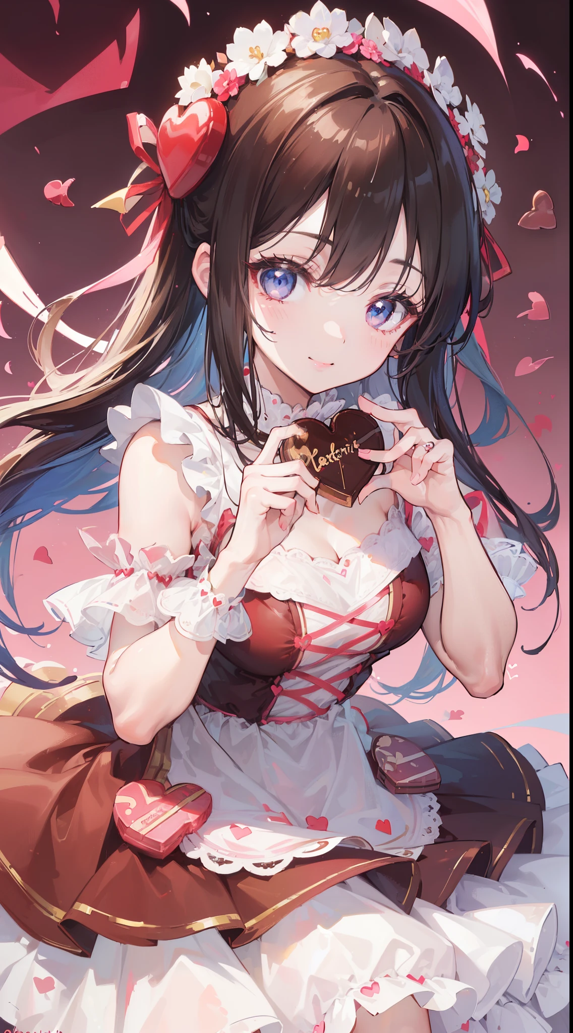 (((32k))), (16k), (8k), (4k), (((32k heart background))), (((Pretty girl))), (((cute girl))), (beautiful quality eyes), (cute smile), (((dress))), (valentine), ((holding heart chocolate)), 