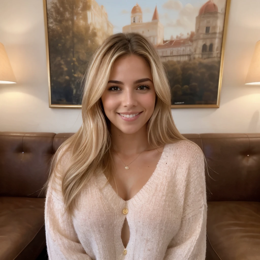 A 23-year-old blonde woman, ((pechos grandes)), ((hiperrealismo)) ,. Caffe, blonde hair with light brown roots. cabello rubio, Hair with brown roots, cabello extra largo, cabello muy largo, really long hair, Beautiful, Front view, photo taken with HD camera, elegant pink sweater with low cut, cafe scene, warm ambience, sunny day, HD photo, high quality, HD, huge breasts, shy smile, ultraHD