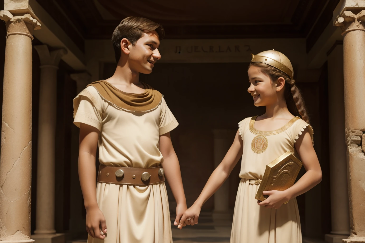 Rome, 77 BC. A young ((((12-year-old)) Julius Caesar)), with ((8-year-old Cornelia)), standing in a solium patio, ((friendly expression)). ((((roman clothings from the 1st century BC))))