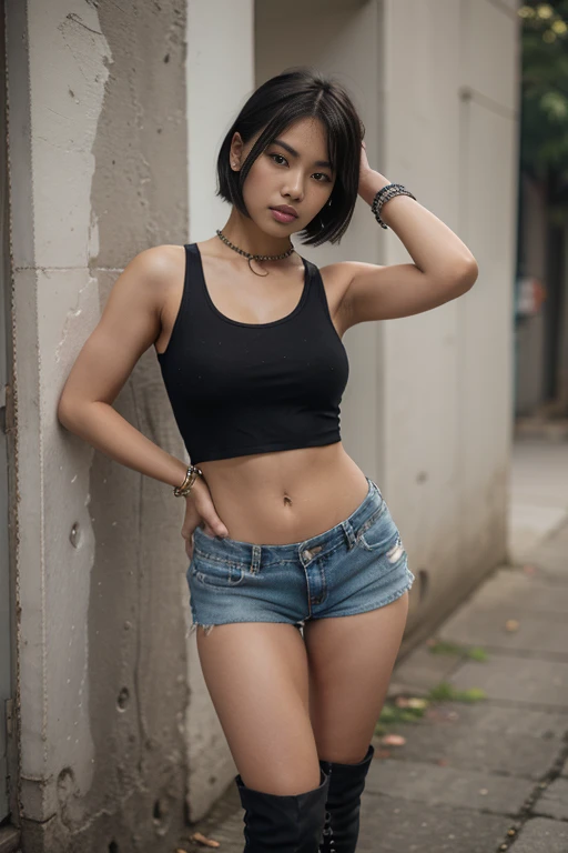 Dslr photo, (8k, 4k, masterpiece),beautiful pretty filipina asian woman, (punk), outdoors, street, sleeveless black cropped shirt, denim shorts, short dark hair, bracelets, arm bands, blurry background, (hands on hips), (elbows out), boots, full subject in frame, full body view, slim body, muscular female, leaning against wall, tough