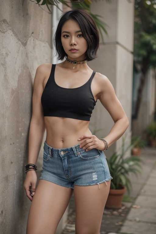 Dslr photo, (8k, 4k, masterpiece),beautiful pretty filipina asian woman, (punk), outdoors, street, sleeveless black cropped shirt, denim shorts, short dark hair, bracelets, arm bands, blurry background, (hands on hips), (elbows out), boots, full subject in frame, full body view, slim body, muscular female, leaning against wall, tough