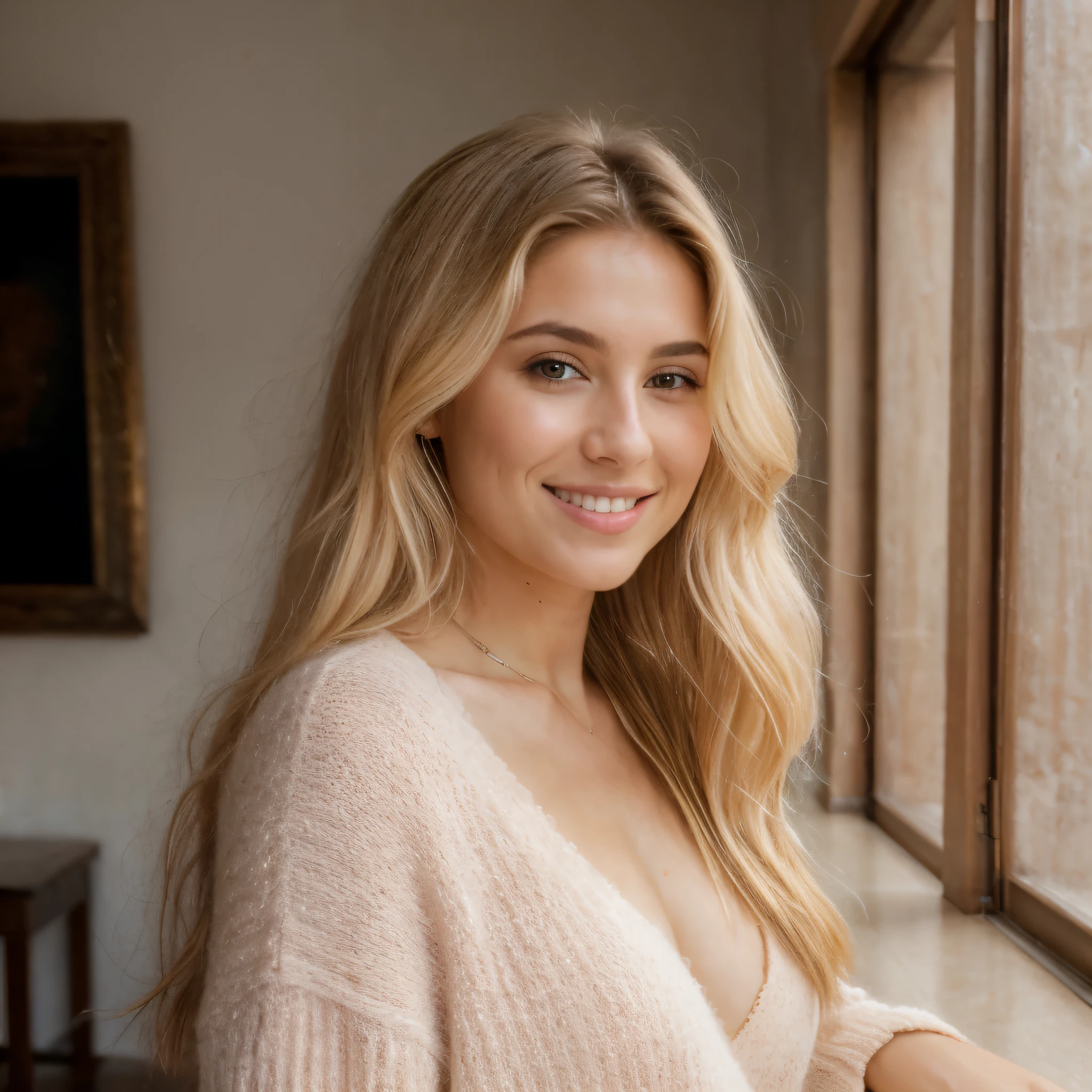 A 23-year-old blonde woman, ((pechos grandes)), ((hiperrealismo)) ,. Caffe, blonde hair with light brown roots. cabello rubio, Hair with brown roots, cabello extra largo, cabello muy largo, really long hair, Beautiful, Front view, photo taken with HD camera, elegant pink sweater with low cut, cafe scene, warm ambience, sunny day, HD photo, high quality, HD, huge breasts, shy smile, ultraHD