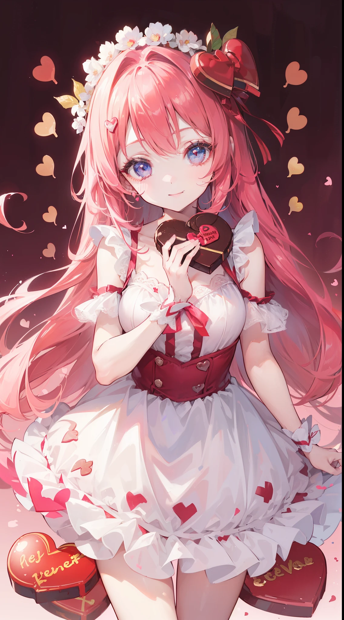 (((32k))), (16k), (8k), (4k), (((32k heart background))), (((Pretty girl))), (((cute girl))), (beautiful quality eyes), (cute smile), (((dress))), (valentine), ((holding heart chocolate)),