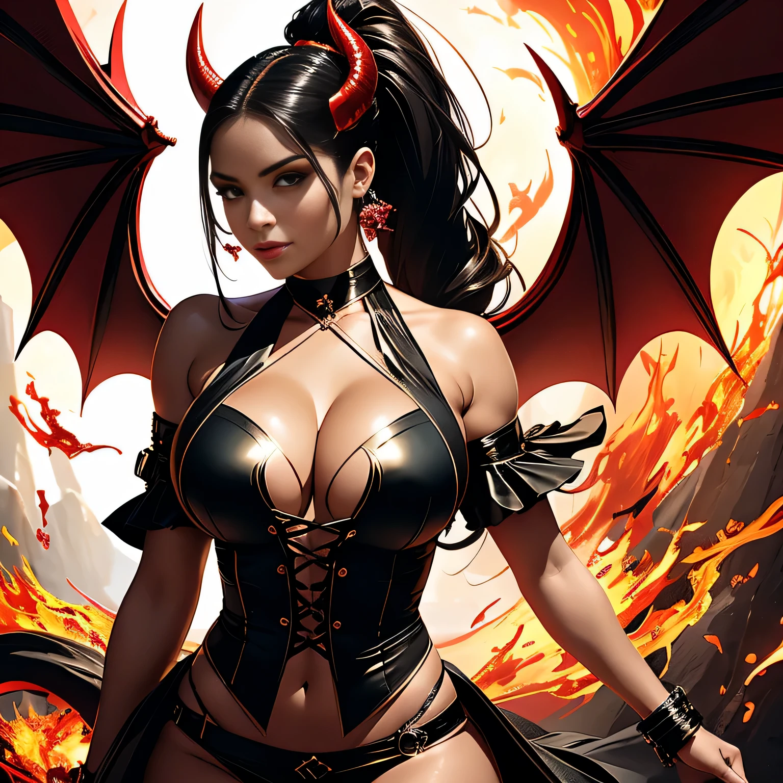 Create an image of a realistic beautiful sexy devil woman with small horns, long straight hair {ponytail, braided}, flamenco gear {flamenco dress, vest, bolero jacket) and glowing dragon wings. The devil woman should exude confidence and power, embodying the essence of the dark soul that makes up her form. Ensure that the hands are accurately depicted in terms of size and shape, and that they do not appear distorted or elongated. Flames and dark energy should appear to dance and flow around her body, illuminating her curves and creating a captivating aura. The background should be a dark, otherworldly landscape with swirling embers and flames. The devil woman should have an intense gaze with a seductive smile and black or red dragon wings on her back. The image should evoke a sense of both danger and beauty, drawing the viewer in with its hypnotic, otherworldly quality.