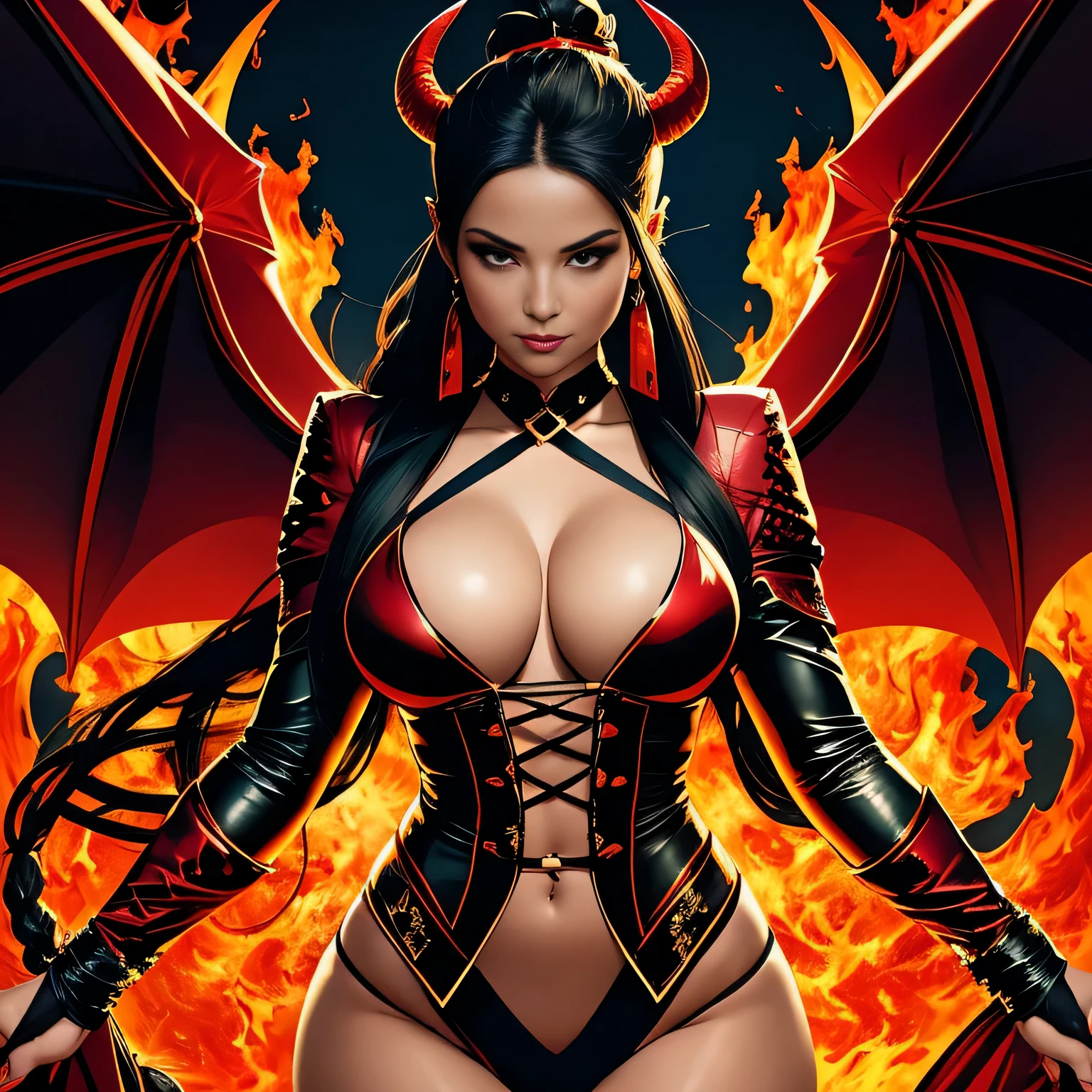 Create an image of a realistic beautiful sexy devil woman with small horns, long straight hair {ponytail, braided}, flamenco gear {flamenco dress, vest, bolero jacket) and glowing dragon wings. The devil woman should exude confidence and power, embodying the essence of the dark soul that makes up her form. Ensure that the hands are accurately depicted in terms of size and shape, and that they do not appear distorted or elongated. Flames and dark energy should appear to dance and flow around her body, illuminating her curves and creating a captivating aura. The background should be a dark, otherworldly landscape with swirling embers and flames. The devil woman should have an intense gaze with a seductive smile and black or red dragon wings on her back. The image should evoke a sense of both danger and beauty, drawing the viewer in with its hypnotic, otherworldly quality.