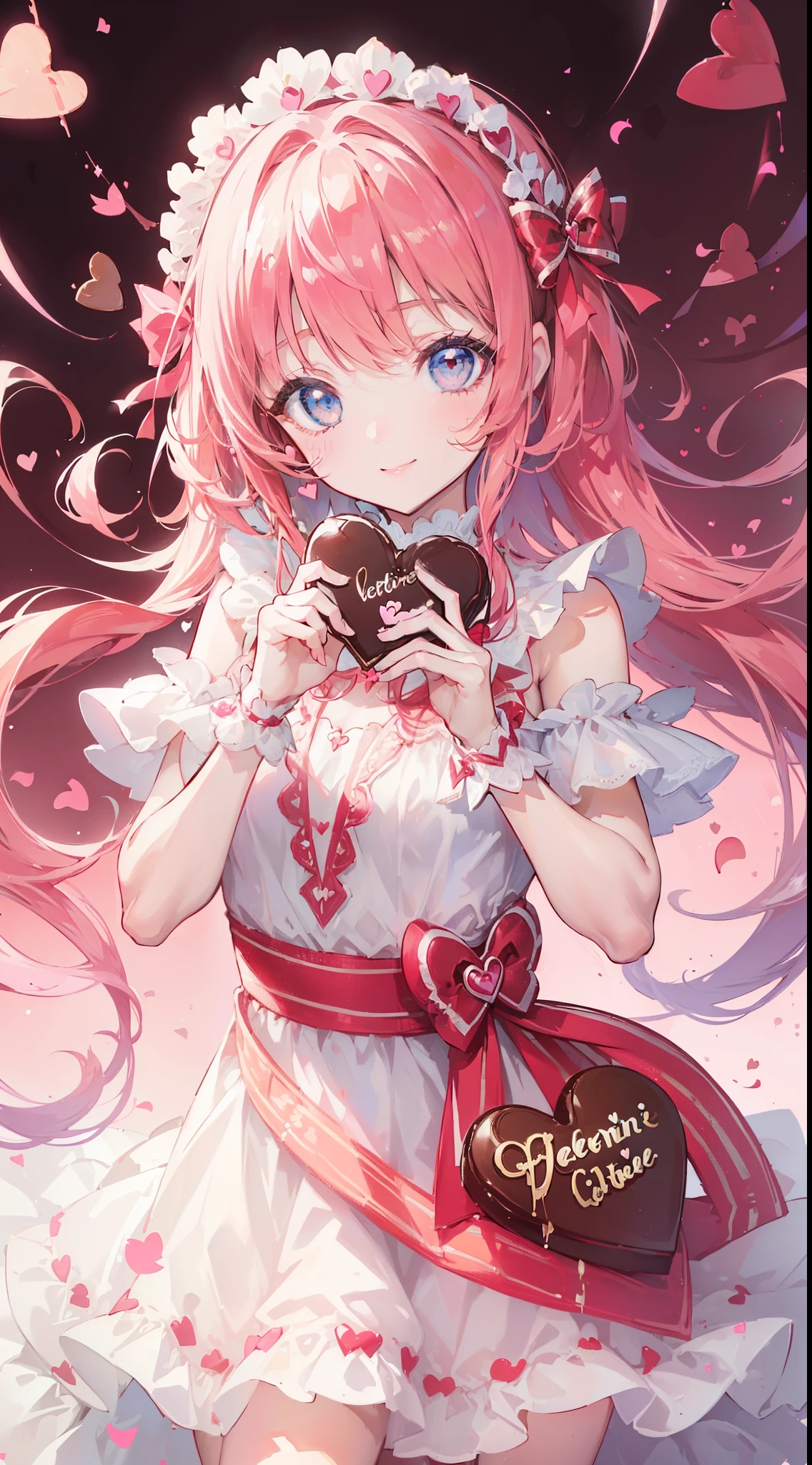(((32k))), (16k), (8k), (4k), (((32k heart background))), (((Pretty girl))), (((cute girl))), (beautiful quality eyes), (cute smile), (((dress))), (valentine), ((holding heart chocolate)), 
