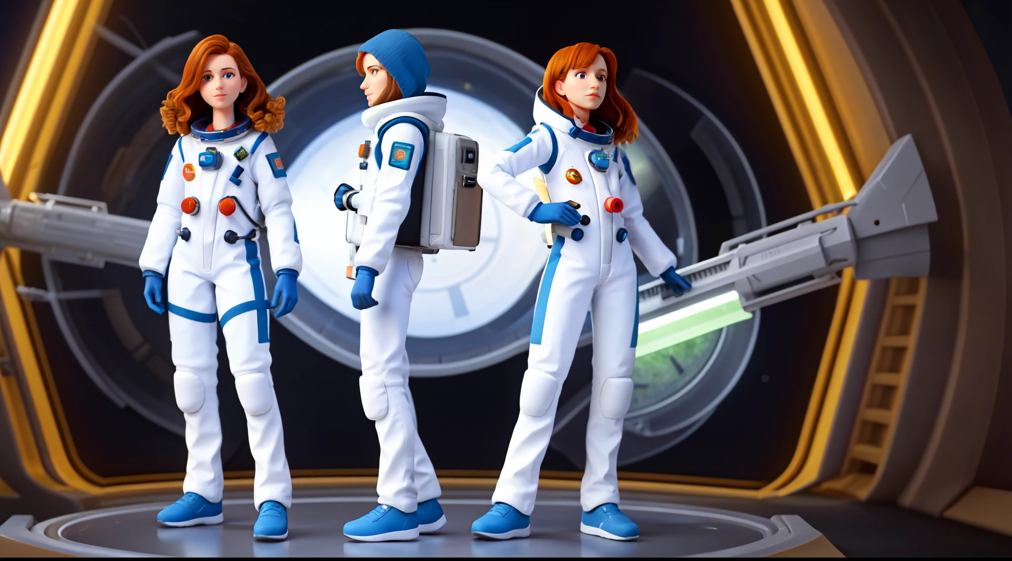 there are three people in space suits standing next to each other, forest