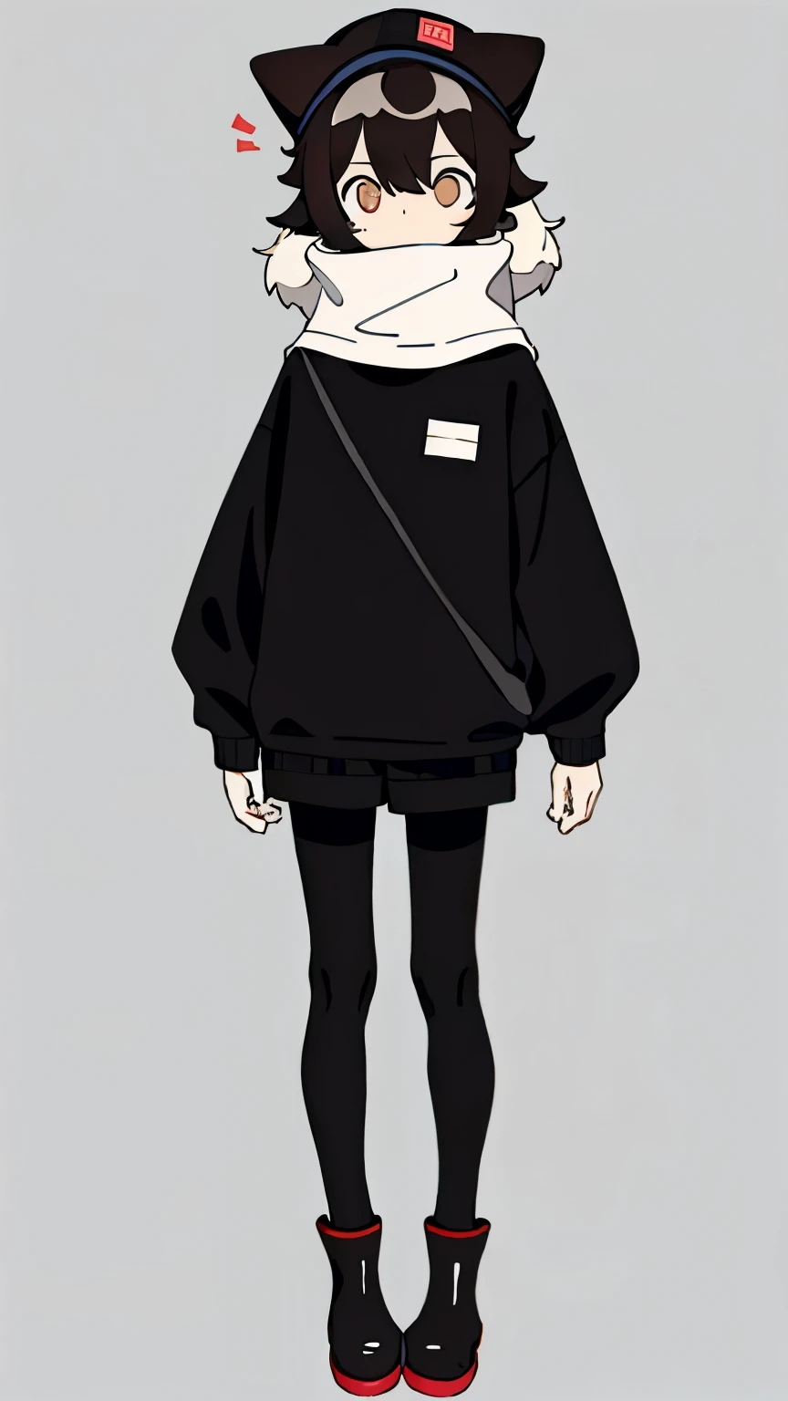 (masterpiece, Best quality) ,whole body,10 years old boy, shorts, long-sleeve sweater with earflaps, hat with down dog ears, bored expression, brown fluffy thick hair, Bright eyes , (One), standing, (masterpiece), ((Best quality)), (ultra detailed), detailed information, flat colors, Colorful, (1other:1.1), Tachi-e, no designs on clothes, rubber boots, black tights, wrapped up