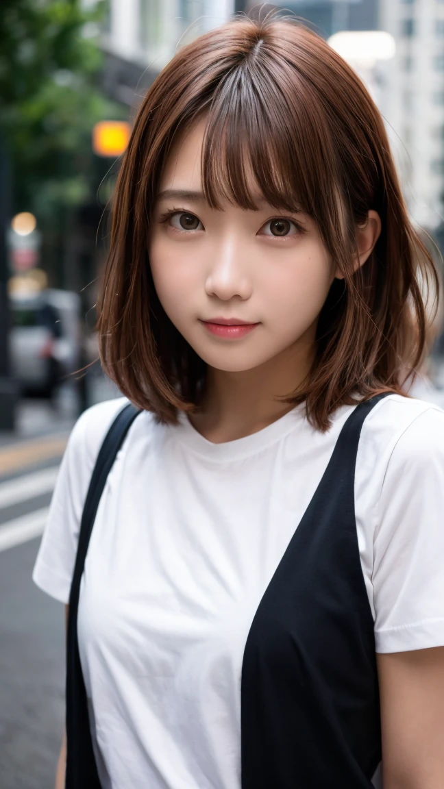 masterpiece, highest quality, 8K, person without order, (Upper body:1.4), white shirt, beautiful girl, cute face, looking at the viewer, smile, surreal, High resolution, New Photos, sharp focus, HDR, face light, dynamic lighting, movie lighting, professional shadow, beautiful cityscape background, best details, very detailed, Super detailed, small details, real skin, delicate features, detailed face and eyes, sharp pupils、realistic student、Styled woman with red hair and black uniform posing for a photo