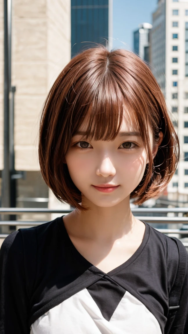 masterpiece, highest quality, 8K, person without order, (Upper body:1.4), white shirt, beautiful girl, cute face, looking at the viewer, smile, surreal, High resolution, New Photos, sharp focus, HDR, face light, dynamic lighting, movie lighting, professional shadow, beautiful cityscape background, best details, very detailed, Super detailed, small details, real skin, delicate features, detailed face and eyes, sharp pupils、realistic student、Styled woman with red hair and black uniform posing for a photo