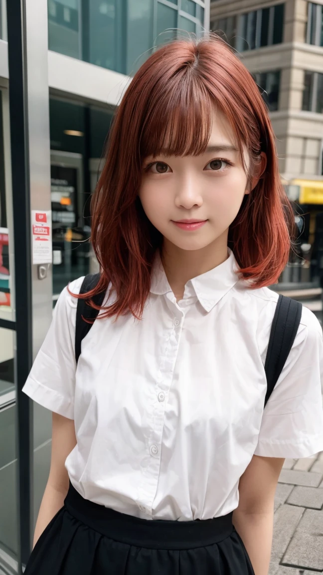 masterpiece, highest quality, 8K, person without order, (Upper body:1.4), white shirt, beautiful girl, cute face, looking at the viewer, smile, surreal, High resolution, New Photos, sharp focus, HDR, face light, dynamic lighting, movie lighting, professional shadow, beautiful cityscape background, best details, very detailed, Super detailed, small details, real skin, delicate features, detailed face and eyes, sharp pupils、realistic student、Styled woman with red hair and black uniform posing for a photo