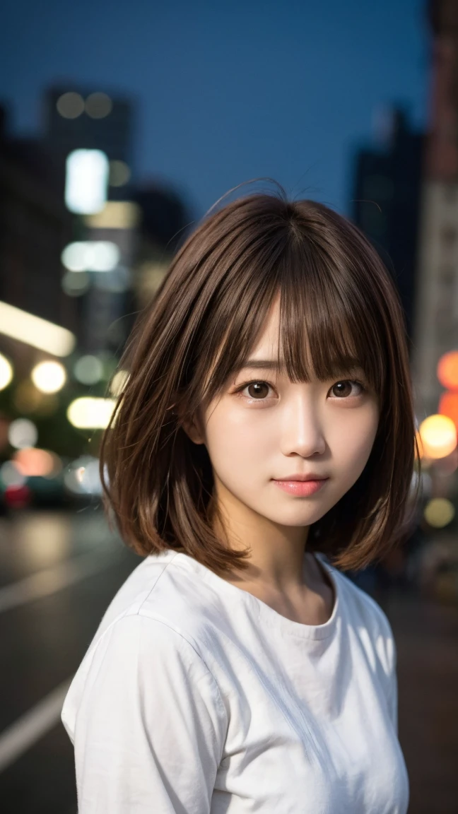 masterpiece, highest quality, 8K, person without order, (Upper body:1.4), white shirt, beautiful girl, cute face, looking at the viewer, smile, surreal, High resolution, New Photos, sharp focus, HDR, face light, dynamic lighting, movie lighting, professional shadow, beautiful cityscape background, best details, very detailed, Super detailed, small details, real skin, delicate features, detailed face and eyes, sharp pupils、realistic student、Styled woman with red hair and black uniform posing for a photo