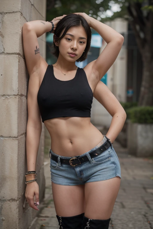 Dslr photo, (8k, 4k, masterpiece),beautiful pretty filipina asian woman, (punk), outdoors, street, sleeveless black cropped shirt, denim shorts, short dark hair, bracelets, arm bands, blurry background, (lower hands on hips), (elbows out), boots, full subject in frame, full body view, slim body, muscular female, leaning against wall, tough, (extraarms:1.2), (four arms), (upper hands on head), bare shoulders