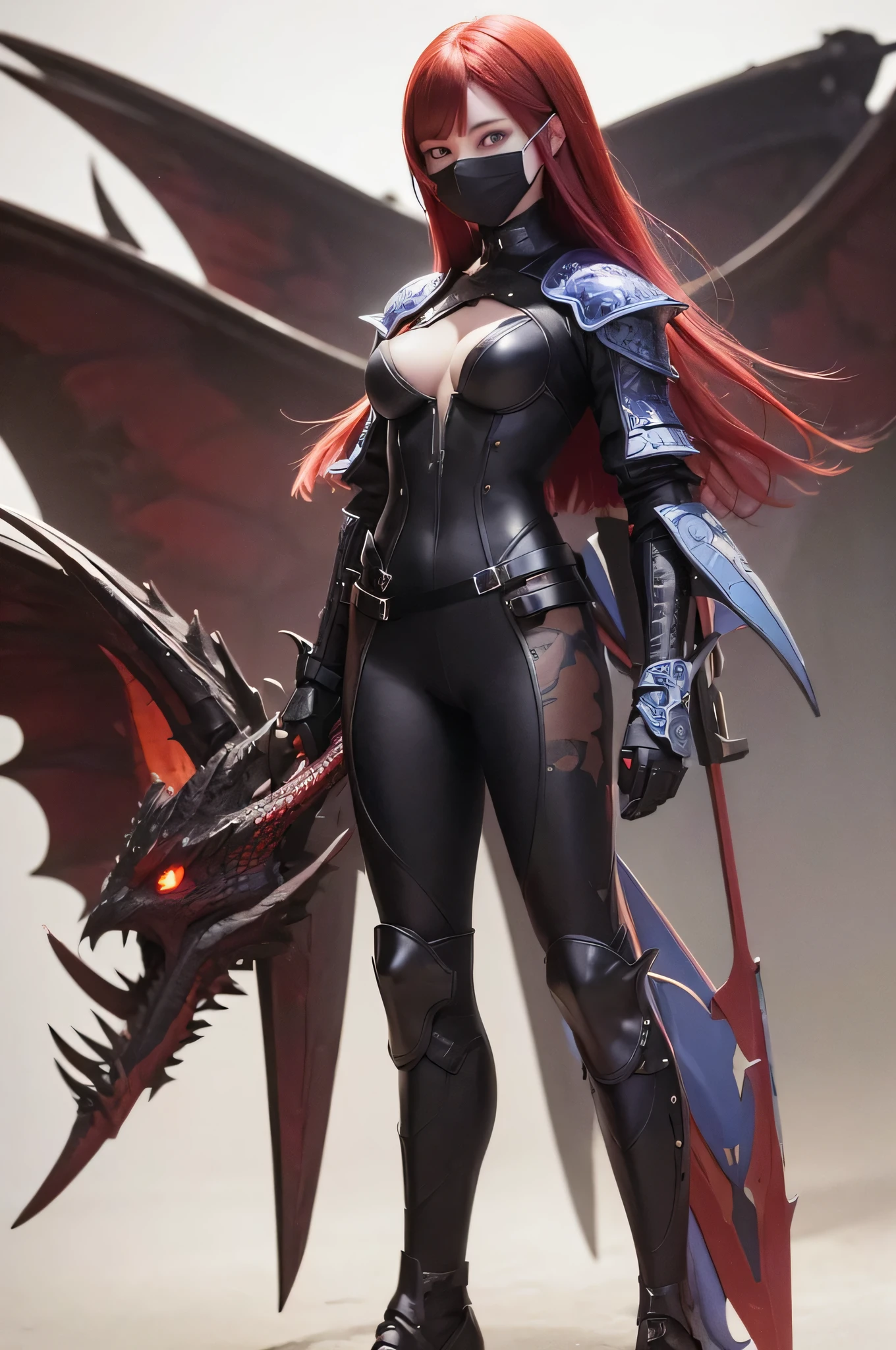 uma garota, cabelo vermelho, with a black mouth mask with a blue dragon design, olhos azuis, wearing violet metallic full armor, medium legs, medium breasts, with a machete in the back, with one hand in his hair, on the back of the sun