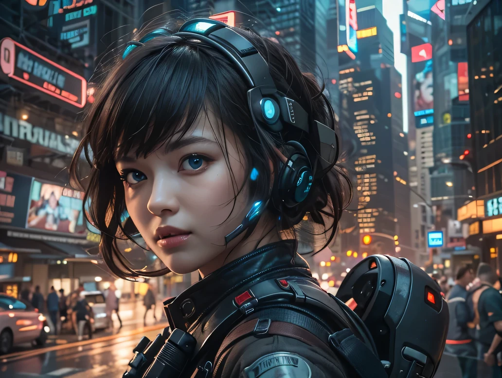 cyberpunk world war 3, cinematic composition, Fantasy digital painting by Greg Rutkowski and James Gurney, Trending at Art Station, very detailed, hyper realistic, realistic, photorealistic, dynamic lighting, very detailed, cinematic landscape, Studio Landscape, studio lighting, 1 Young pretty girl, ((idol face:1.2)), (symmetrical eyes:1.35), (beautiful and fine eyes:1.65), medium curly black hair, combat uniform,