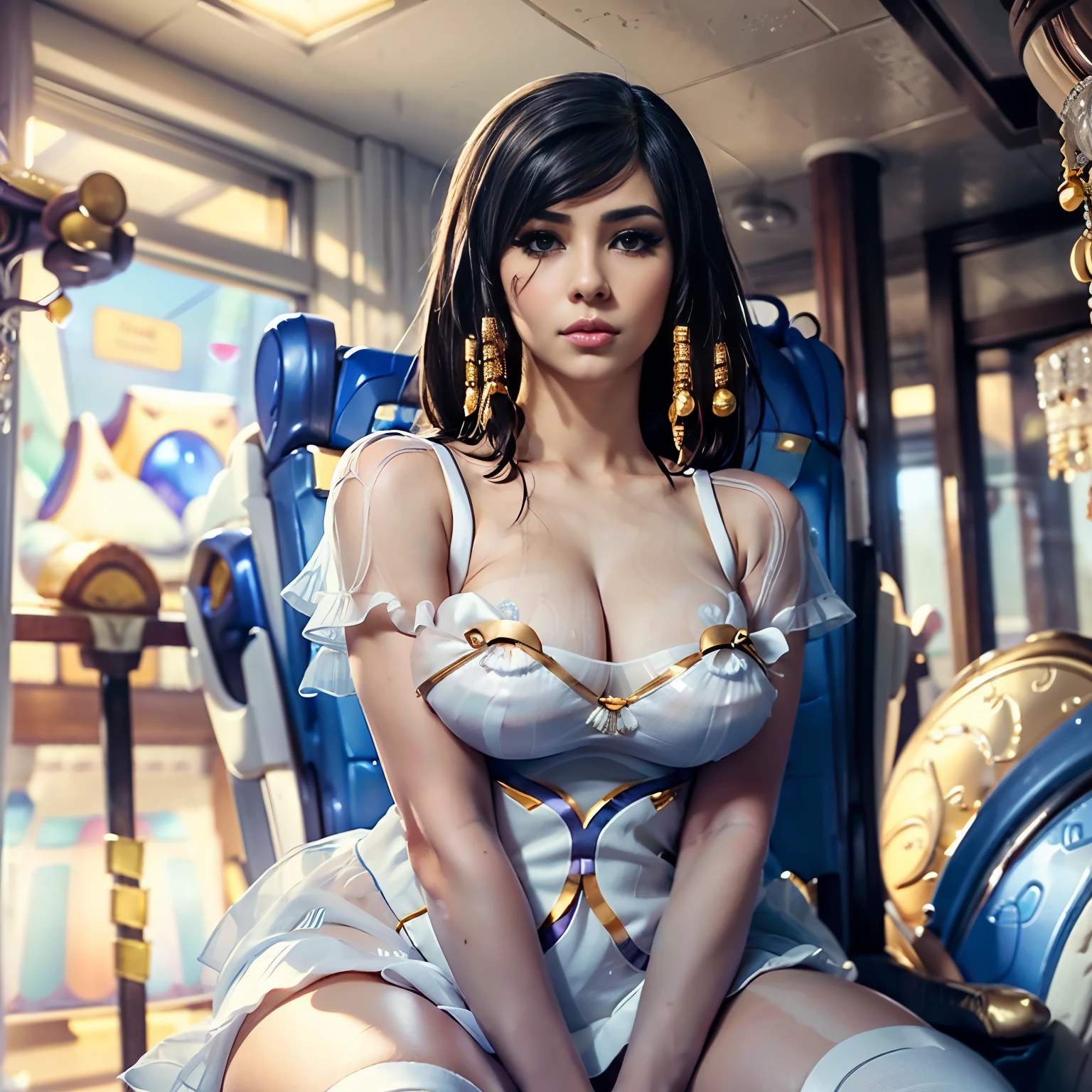 hyper realistic, highly detailed masterpiece of beautiful (Pharah from Overwatch:1.2), (sitting on thrown:1.3), curvy thick body , tanned skin , black braided hair, perfect face features, thick kissable lips, golden eyes, thick eyebrows, eyelashes, thin nose, glowing eyes, thick eyeliner, golden accessories, jewelries, muscular body shape , (wearing white see through nuisette:1.5) , seductive look, (see-through dress:0.99),