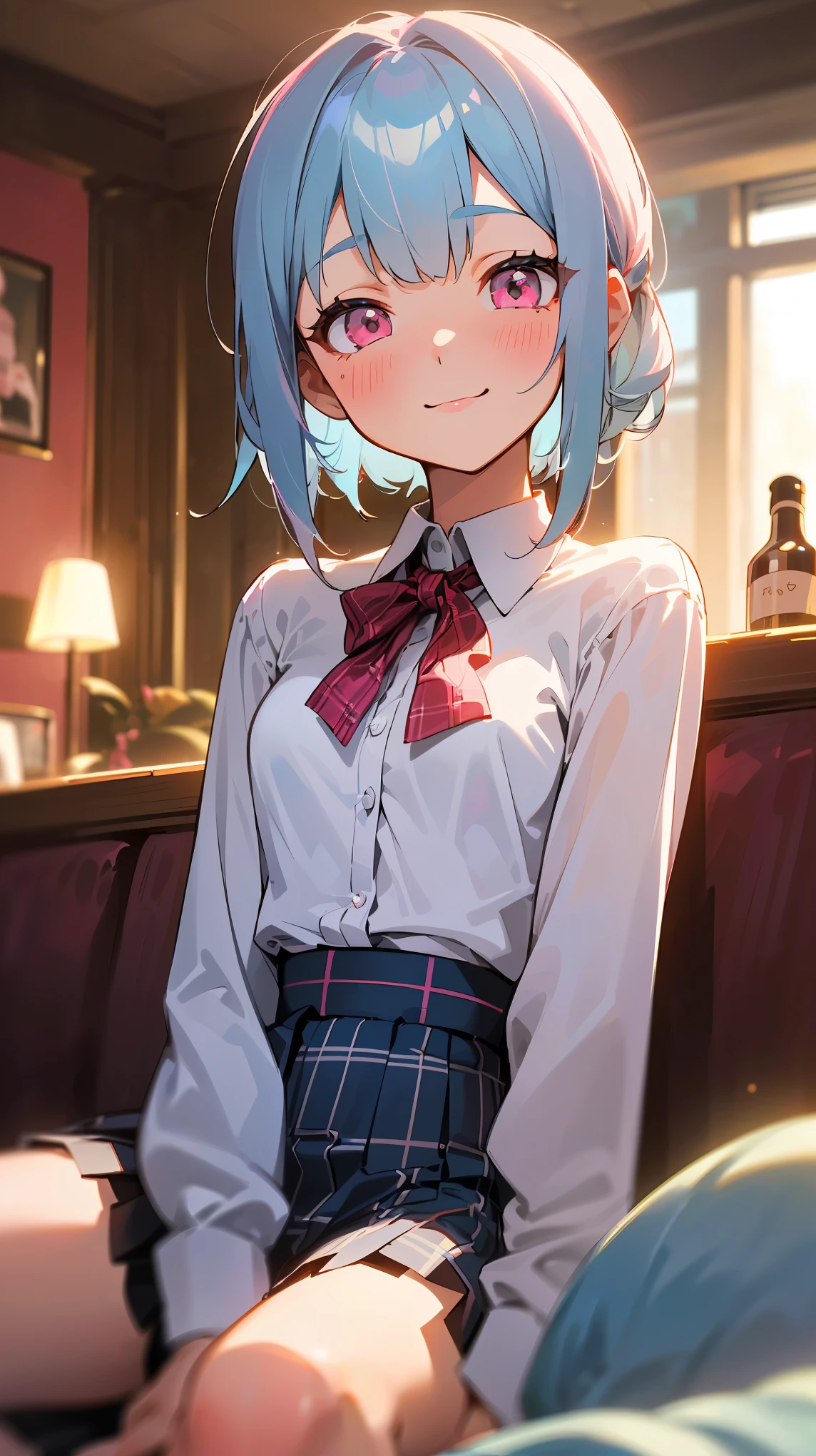 masterpiece、highest quality、1 girl、calm expression、(((16 year old girl、light blue hair、round pink eyes、smile、blush、small breasts、White blouse shirt、plaid skirt)))、(sitting with a glass)、((indoor、night、pub))、(sharp focus) :1.2)、Professional Writing、photon mapping、radio city、Physically Based Rendering