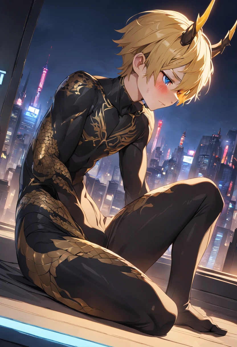 High quality，(best quality, 4k, a high resolution, masterpiece:1.2), Super detailed，（1 boy），（（（solo））），（Male juvenile）, Handsome boy, golden-yellow hair, black dragon horn, （（black bodysuit））,Tights with gold pattern，short hair，full-body shot，Single photo，blue eyes，Dark night city background，Dim light，colorful neon，Juvenile muscles，Teenager&#39;s protruding crotch，The face is stained with semen，blushing cheek，semen，，sex