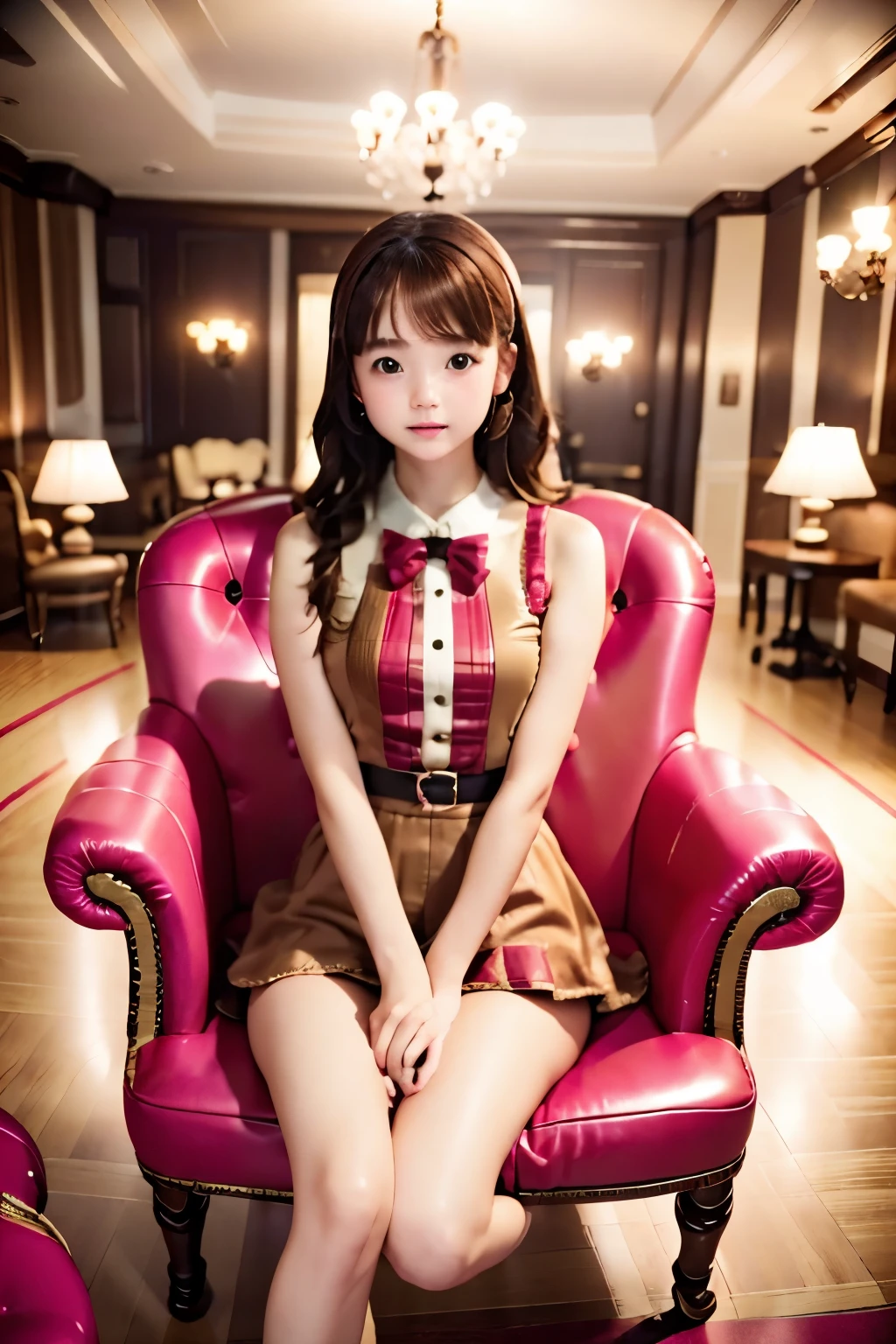 miniature photo style、one girl、focus on girl、brown hair、shortcut、完璧にblurred background、Fancy room、sitting on a pink chair、highest quality、Highest image quality、ultra high resolution、Super detailed、８ｋ、cinematic lighting、professional photographer、miniature、blurred background、