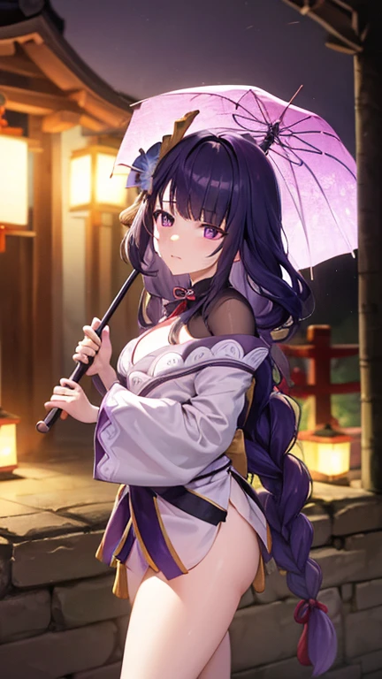 masterpiece, best quality, 1girl, solo, raiden shogun, long hair, purple hair, purple eyes, medium breasts, braided ponytail, hair ornament, blunt bangs, flowers, mole, mole under eye, sweat, wet, Kimono Top, Kimono bottom, Shrine background, Behind the shrine, Nighttime, Rain, Umbrella 