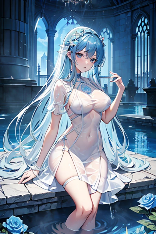 (highest quality, 8K, 32K, masterpiece, UHD: 1.3), 1 female, (Oversized: 1.3), perfect figure,, (attractive), (Sheer skin)) 、((((Transparent see-through dress))))、see-through dresses、lace sheer dress、Transparent dress、Sheer skin、Transparent dressを着た美しい裸の女性、solo、best style、big breasts、The most beautiful in the world、unparalleled beauty、long hair、 ((Roman baths)),、Blue lighting. concept art stunning atmosphere, blue atmosphere, beautiful concept art, Dark majestic gorgeous waterside、(blue water辺、blue water)、blue fountain、blue pottery、Blue Wall、Blue floor、blue reflection、blue window、get wet in blue water、Blue light、blue flower、Blue roses、blue lantern、Expressive、sexy pose、sexy design、pink nipples