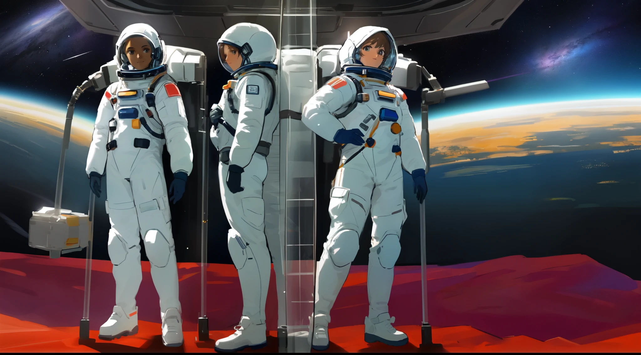 there are three people in space suits standing next to each other, forest