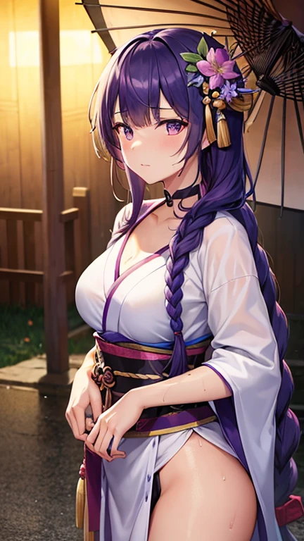 masterpiece, best quality, 1girl, solo, raiden shogun, long hair, purple hair, purple eyes, medium breasts, braided ponytail, hair ornament, blunt bangs, flowers, mole, mole under eye, sweat, wet, Kimono Top, Kimono bottom, Shrine background, Behind the shrine, Nighttime, Rain, Umbrella