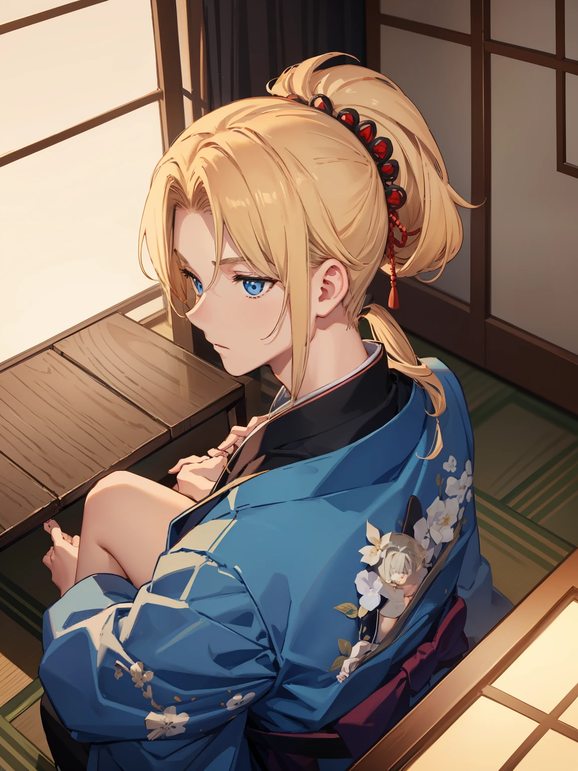 man，Masculinity，Golden hair，pony tails，blue color eyes，flatchest，A Japanese-style room，sex